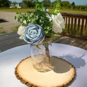 Flowers Only from Dusty Blue, Navy, and White Rustic Centerpieces